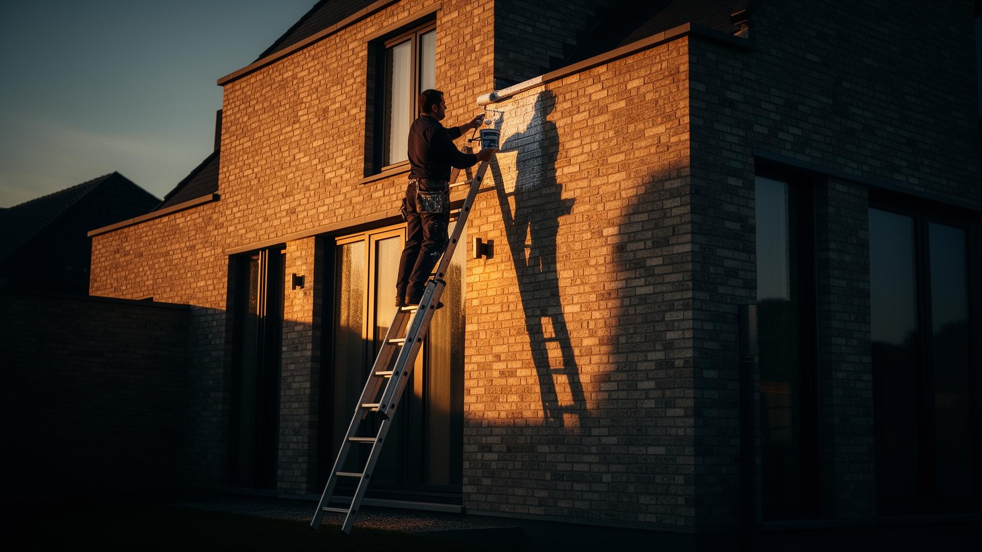 Schilder aan het werk op een gevel in Turnhout